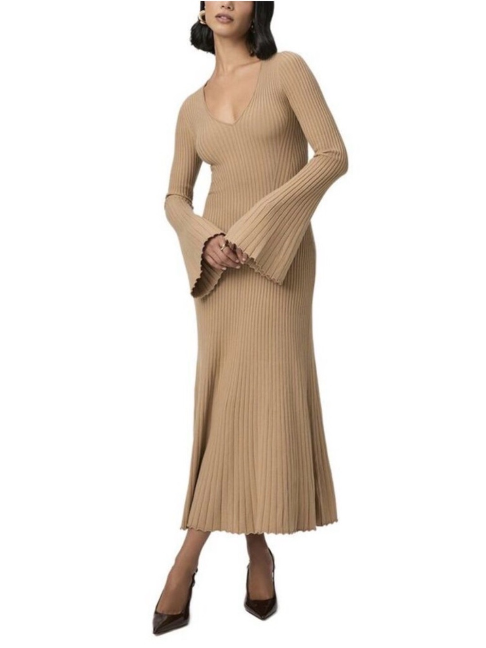 PAIGE Camel Ribbed V-Neck Maxi Dress with Bell Sleeves